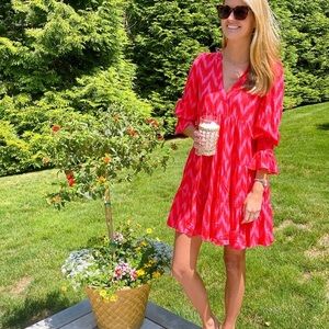 Pomander Place by Tuckernuck Kenzo Mini Dress sz M Hot Pink Ikat Swing Tiered